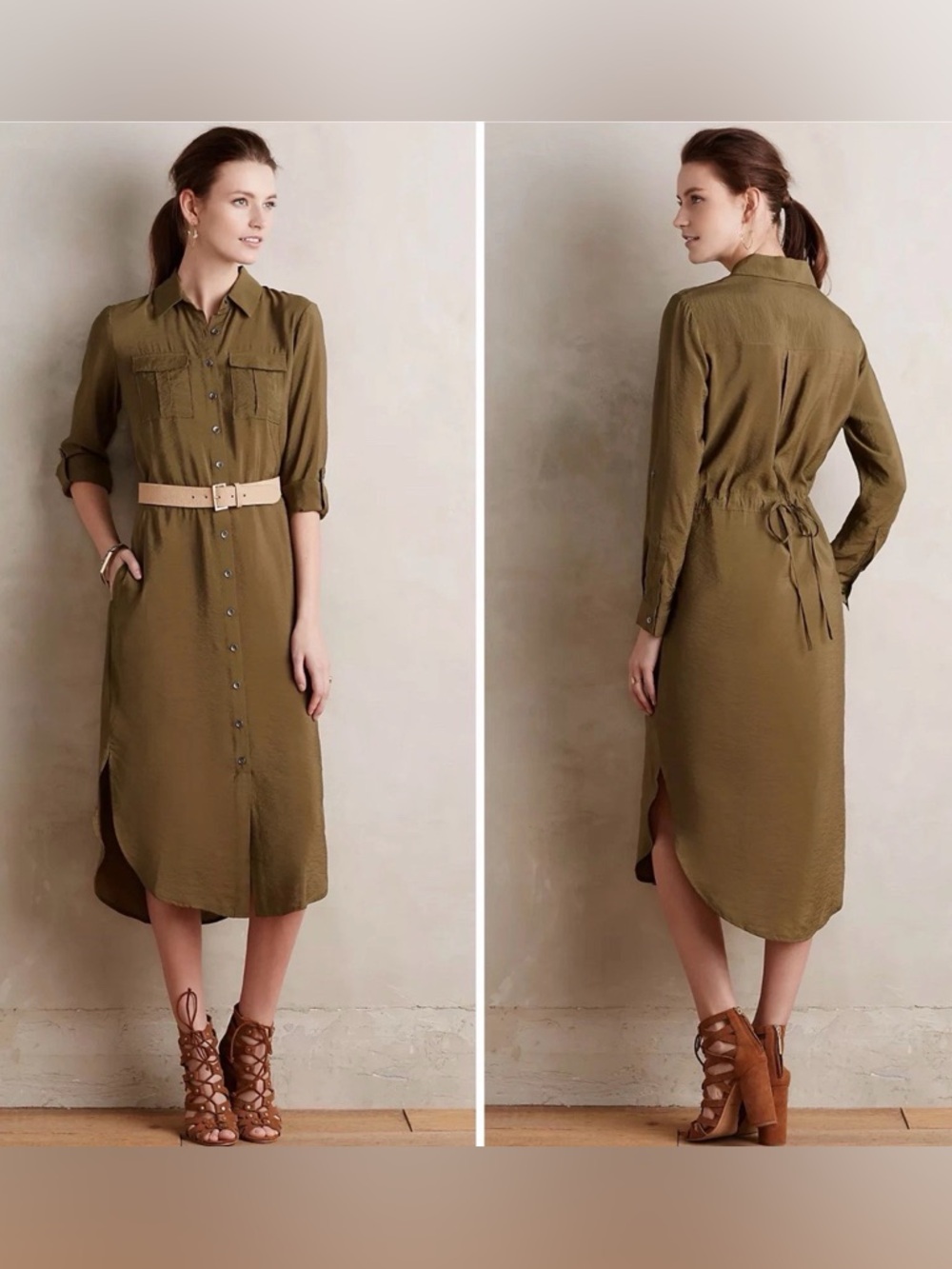Maeve Anthropologie Drawstring Midi Shirtdress Olive Green Roll Sleeve Button 12